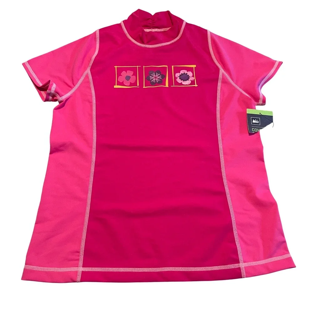 REI Rash Guard Kids L 14-16 Pink Floral Short Sleeve Mock Neck Swim Shirt NWT
